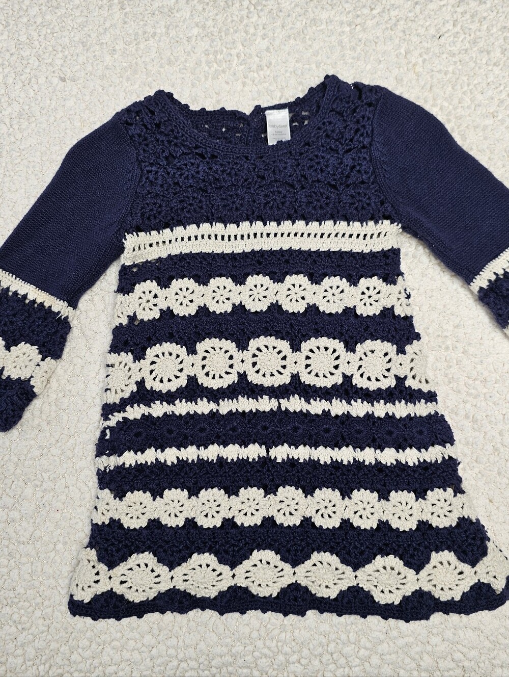 Baby Gap Girls Navy and Cream Crochet Knit Dress Size 18-24 months EUC